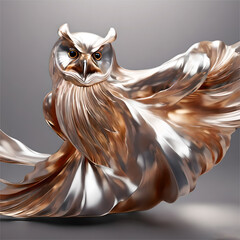 Abstract owl, liquid silver style moves its wings in almost golden chrome - obrazy, fototapety, plakaty