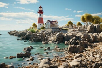 Fototapeta na wymiar Classic Lighthouse on an Isolated Island Coast, on an isolated Baby Blue background, Generative AI 