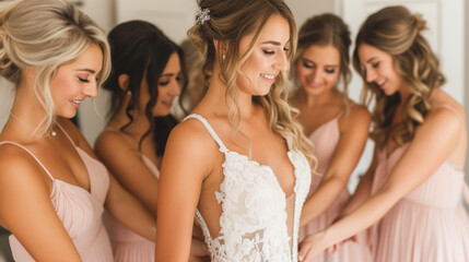 Bridesmaids helping this bride get ready in the morning on her wedding day. Bridal party excitement.