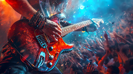 a rock stars guitar in a loud concert - obrazy, fototapety, plakaty