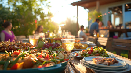 a big table for food in front of a house and people at table - obrazy, fototapety, plakaty
