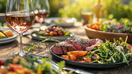 Fotobehang Grill steak and fresh vegetables salad served with dipping sauces, fresh vegetables, onions and peppers on top of a wooden desk outdoor garden, generative, AI © DN6