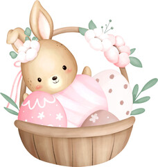 Watercolor Illustration Easter Eggs and Rabbit in Basket