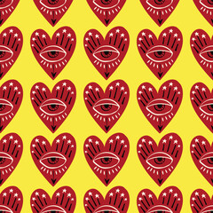 Red and yellow Valentines Day seamless pattern with magical hearts.