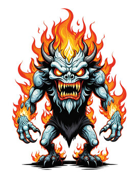 Monster with fire flames cartoon style isolated on transparent background illustration