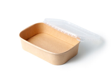 disposable kraft paper box with plastic lid isolated on white background