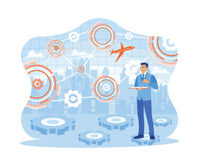 Businessman using tablet with digital business interface. Standing against the backdrop of city views and business icons. Concept of hi-tech and communication.  trend flat vector modern illustration 