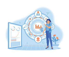 businesswoman hand presses the business icon button on the virtual screen. Using a digital tablet to analyze financial charts. Big Data Technology for Business Finance Analysis Concept.