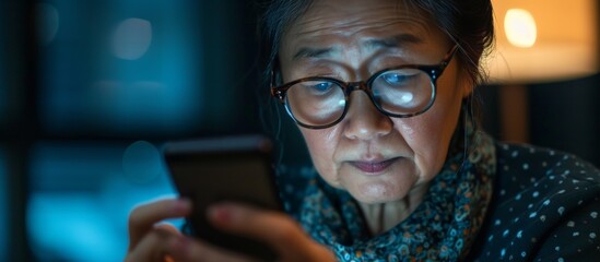 Middle-aged Asian woman with blurred vision holding glasses struggles to read text message on smartphone screen due to presbyopia, an eye disease resulting in farsightedness in older individuals. - obrazy, fototapety, plakaty