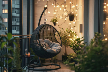 Balcony with hanging chair and many plants. Cozy seating area in modern apartment at night with string lights