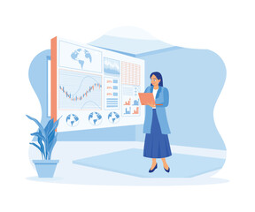 Businesswoman with the digital business interface. Analyze finances with charts, graphs, and on-screen data. Finance and innovation concept. trend flat vector modern illustration 