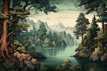 Vintage-colored wallpaper depicting an ancient European forest landscape with a background lake. Generative AI