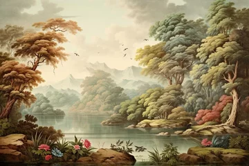 Photo sur Plexiglas Beige Vintage-colored wallpaper depicting an ancient European forest landscape with a background lake. Generative AI