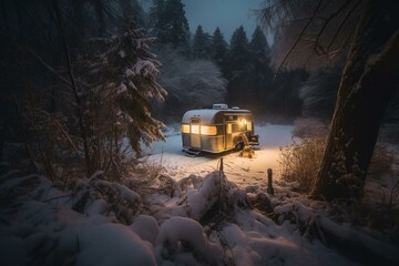 Enchanting winter scenery during an overnight stay in a cozy camper. Generative AI