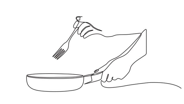 Continuous one line animation. Hand drawn animated motion graphic element of a chef's hand
holding a frying pan preparing food. Cooking action concept. 4k videos