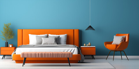 Luxury elegant interior bedroom dark orange and gol blue wall.AI Generative
