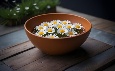 Vibrant Daisy Flowers Adorning a Water-Filled Clay Bowl 