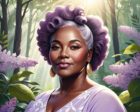 Ethereal Lilac - Modern Flat Close-up Portrait Of A Plus-size Black Woman Surrounded By Nature Gen AI