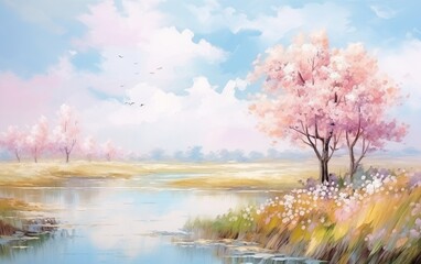 Abstract colorful pastel nature scenery oil painting with meadow, flowers, river, foliage. Natural view aesthetic abstract background canvas texture, brush strokes.