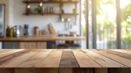 Wooden Table with Blur Background Kitchen