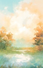 Obraz na płótnie Canvas Abstract colorful pastel nature scenery oil painting with meadow, flowers, river, foliage. Natural view aesthetic abstract background canvas texture, brush strokes.