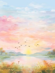 Fototapeta na wymiar Abstract colorful pastel nature scenery oil painting with meadow, flowers, river, foliage. Natural view aesthetic abstract background canvas texture, brush strokes.