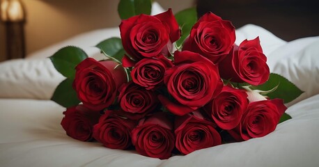 Red roses on a bed in a hotel room. generative ai