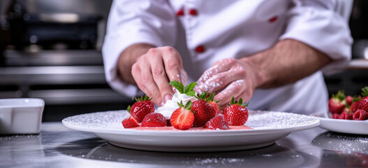 Obraz na płótnie Canvas chef preparing dessert with strawberries on white plate
