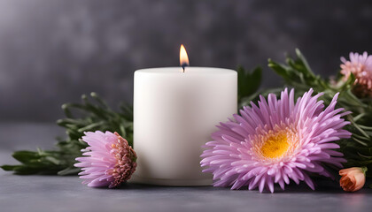 Purple aster flower and burning candle on dark background.