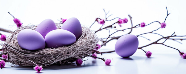 Easter eggs in a nest on a white background. Happy Easter.