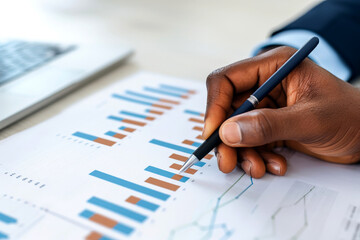 Naklejka premium close up hand Businessman review report. Graphs and charts. Business reports concept Ai generated