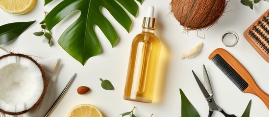 Mock up top view of a bottle containing jojoba, argan or coconut oil, styling tools, a comb, and scissors for hair styling on a white background. - obrazy, fototapety, plakaty