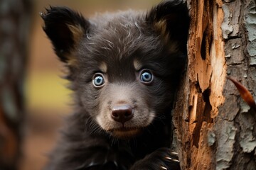 Curious black bear cub climbing a tree trunk, Generative AI