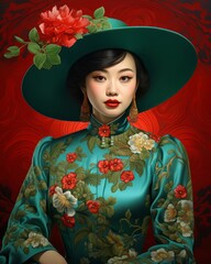 Colorful photorealistic chinese woman in a teal & red dress with a teal hat, in the style of nostalgic illustration, digitally enhanced,  elaborate costumes, traditional  chinese clothing .