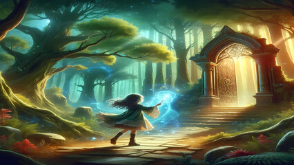 The girl standing in a mystical forest