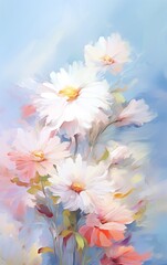 Abstract colorful pastel nature scenery flowers oil painting flowers. Natural view aesthetic abstract background canvas texture, brush strokes.
