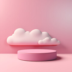 Minimalist scene with pink podium and cloud.