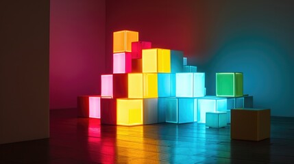 A neon Tetris lamp throws colorful blocks of light onto the walls.