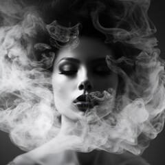 Mysterious fashion close up woman portrait in smoke , monochrome style high fashion photo, the concept of brain fog, impaired thinking, soaring in the clouds, dementia, dreams