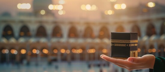 muslim hand holding miniature kaaba with mosque background. banner illustration for tawaf, Umrah or Hajj agency advertisement - obrazy, fototapety, plakaty