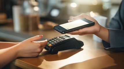 A Close up of female customer holding smartphone paying for order using modern simple e-wallet technology. The waiter provides a card reader for the customer to conduct a cashless payment transaction. - obrazy, fototapety, plakaty