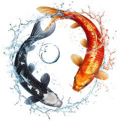 two koi fish that form a yin yang pattern are swimming, with water splashing. Transparent...