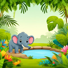 A lush jungle background with a small elephant standing
