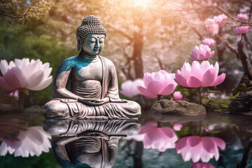 glowing golden Buddha in a zen nature green garden, colorful paper cut flowers, cherry blossoms