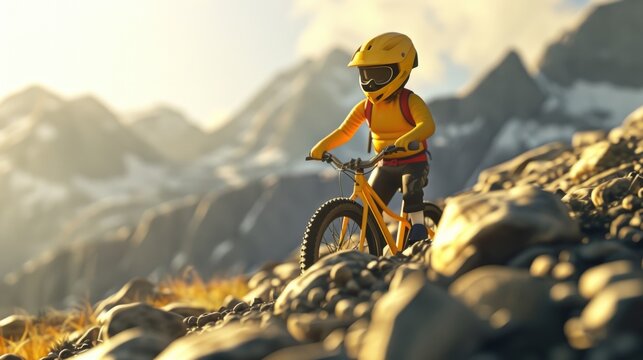 Cartoon digital avatars of Junior Mountain Cyclist Tackling the challenging terrain