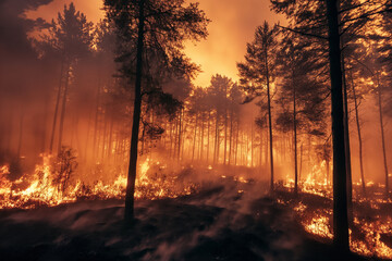 Forest fire, vast expanses of pine trees are consumed during the dry period. 