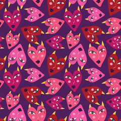 Naklejka premium Pink cool pattern with red devilish hearts for Valentine's Day and Halloween holidays