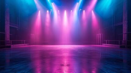 Stage illuminated by blue and pink spotlights. Empty scene with spots of light on floor. Realistic illustration of studio; theater or club interior with color beams of lamps - obrazy, fototapety, plakaty