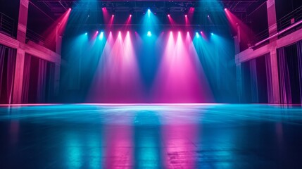 Stage illuminated by blue and pink spotlights. Empty scene with spots of light on floor. Realistic illustration of studio; theater or club interior with color beams of lamps - obrazy, fototapety, plakaty
