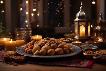 Illustration of a Ramadan meal. Iftar, Suhoor. Ramadan food on a table decorated with candles and Islamic lanterns with a calm and festive atmosphere at night